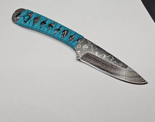 Turqouise Damascus Drop Point Hunter Fixed Blade